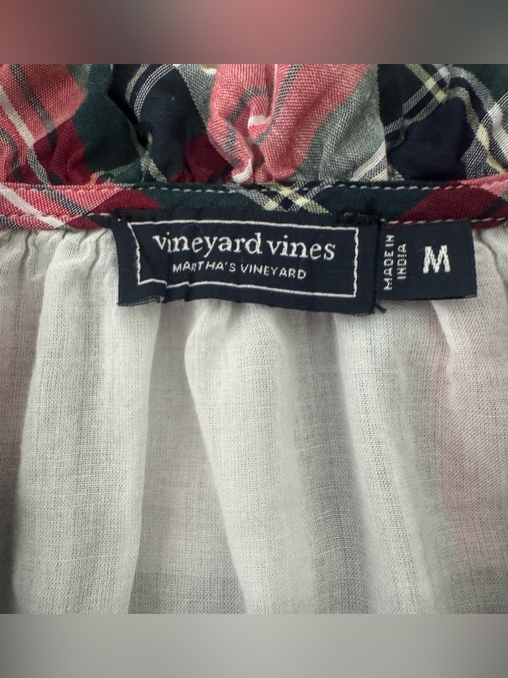Vineyard Vines Womens Red Plaid V-Neck Ruffle Long Sleeve Relaxed Top, Size Med - Picture 3 of 5